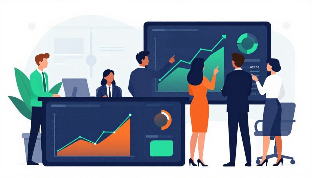 A bold minimalist vector illustration depicting performance metrics in a professional setting. In the foreground, a sleek digital dashboard displays colorful KPI graphs and data visualizations with elegant curves and strong contrasts. In the middle ground, a diverse group of business professionals in smart business attire discuss the metrics, pointing at the data on a large screen. In the background, a modern office environment with soft lighting accentuates the atmosphere of innovation and productivity. The overall color scheme features bold tones like deep blues, vibrant greens, and striking oranges to symbolize growth and success, creating an inspiring mood that resonates with digital transformation.