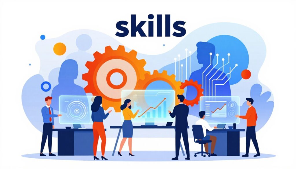 A bold minimalist vector illustration symbolizing "skills" in an AI-enabled workforce. In the foreground, diverse professionals in stylish business attire are collaborating around a futuristic digital workspace with holographic displays showcasing spiraling graphs and icons representing declining and surging skills. In the middle, a vibrant interplay of bold colors illustrates tools like gears and circuit patterns, seamlessly blending into human silhouettes representing adaptability and innovation. The background features abstract shapes and gradient colors that evoke a sense of rapid change and progress, with soft, dynamic lighting creating a sense of optimism and forward momentum. The atmosphere is collaborative and inspiring, emphasizing the transformation of work in the era of AI.