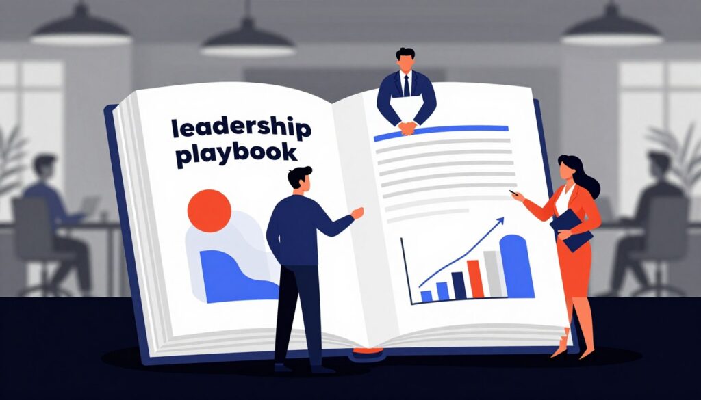 A bold minimalist vector style illustration of a "leadership playbook" with strong contrast and elegant curves. In the foreground, an open playbook stands prominently, featuring abstract representations of AI concepts like machine learning and data analytics illustrated through vibrant, bold colors. In the middle ground, a diverse group of three professionals in smart business attire collaborates over the playbook, analyzing strategies for implementing AI beyond initial pilots. The background is a softly blurred office environment, conveying a sense of innovation and teamwork. The lighting is bright and dynamic, emphasizing the energy of forward-thinking leadership. The overall mood is one of optimism and proactive engagement, capturing the essence of shaping the future of work with AI.