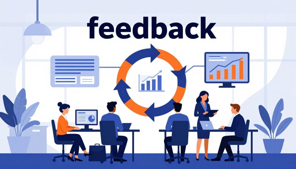 A minimalist vector illustration depicting the concept of "feedback" in a business context. In the foreground, a professional team of diverse individuals in business attire, engaged in a collaborative discussion, surrounded by devices displaying data analytics and growth metrics. In the middle ground, stylized flowcharts and digital graphs, illustrating the iterating process of digital transformation, intertwine with arrows symbolizing progress. The background features a modern office environment with sleek designs and large windows, letting in bright, natural light that creates a vibrant atmosphere. Use bold and contrasting colors like deep blue and bright orange to enhance visual impact, highlighting a sense of clarity and innovation in the digital transformation journey.