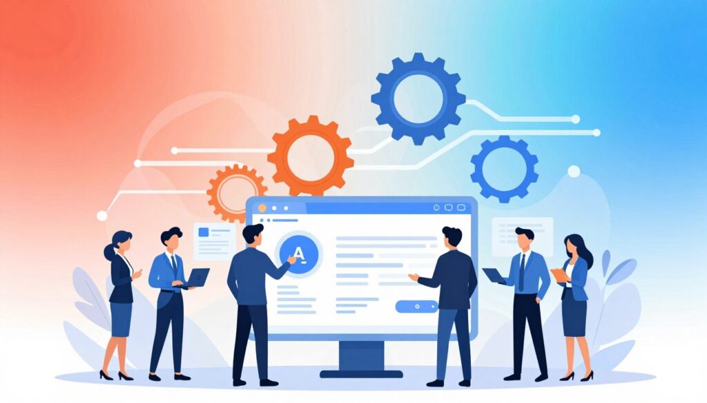 A sleek, minimalist vector-style illustration depicting the theme of "business benefits in customer service." In the foreground, a diverse team of professionals in smart business attire collaborates around a modern digital interface showcasing AI-driven customer service tools. The middle ground features abstract representations of speed, efficiency, and satisfaction—such as animated gears or flowing lines that symbolize streamlined processes and improved customer interactions. In the background, a soft gradient of bold colors adds depth, suggesting innovation and growth in a corporate environment. The lighting is bright and inviting, creating a dynamic yet professional atmosphere that highlights the significance of AI in enhancing customer support. The overall composition should convey a sense of optimism and forward-thinking in business strategy.