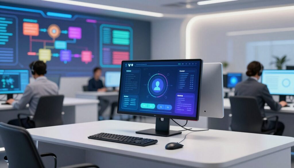 A sleek, modern contact center environment with a minimalist design, showcasing a smart workstation at the forefront featuring a high-tech voice interactive voice response (IVR) interface on a large touchscreen display. In the middle ground, an AI-driven algorithm visualization in vibrant colors illustrates streamlined customer support processes. The background features a blurred image of professional customer service agents in business attire, actively engaging with advanced technology. The lighting is bright and focused, highlighting the central workstation, with a soft glow to create an inviting atmosphere. Emphasize bold colors and elegant curves throughout the composition for a dynamic yet professional feel, capturing the essence of automation and innovation in customer service.